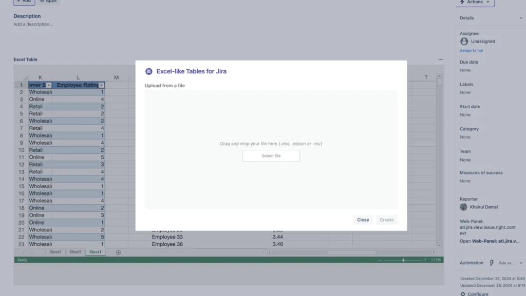 Seamlessly import existing Excel sheets into your Jira issue for efficient collaboration. Effortlessly export data from Jira to Excel for offline use or sharing with stakeholders outside Jira.